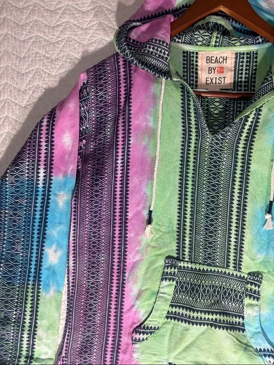 Beach By Exist Multicolor Tie-Dye Baja Hoodie - Pink, Green, Blue, Black - Picture 4 of 7